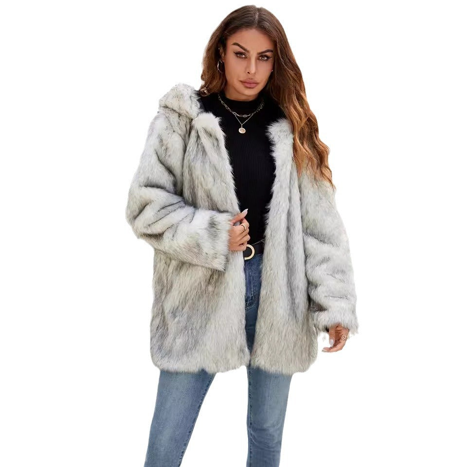 Damen Kuschelige Kunstpelzjacke mit Kapuze und Ohren R&B