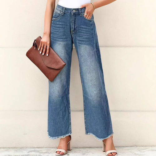 Damen weite Denim-Jeans mit kreativem Muster und fransigem Saum R&B