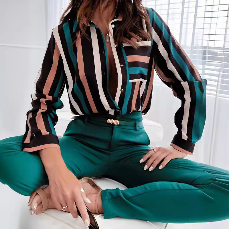 Damen Button-Up Streifenbluse mit Kontrasttaschen R&B