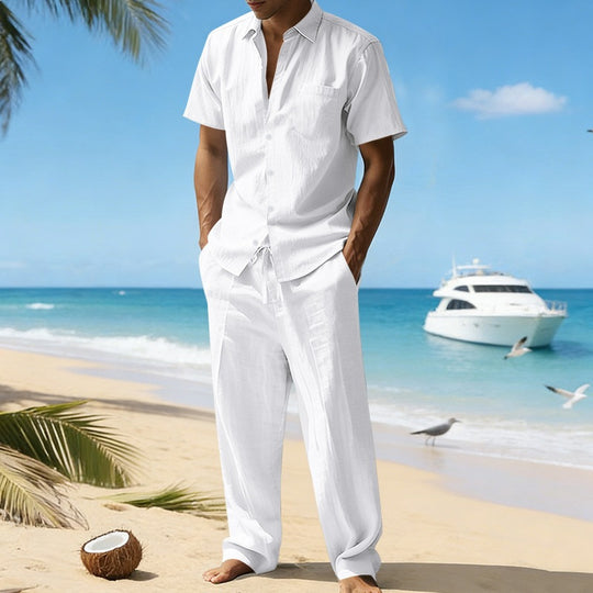Herren nan resort-taugliches Kurzarm-Hemd mit Brusttasche und lässiger Leinen-Kordelhose R&B