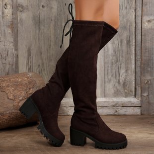Damen Überknee-Stiefel mit modischem Leopardenmuster und robustem Blockabsatz R&B