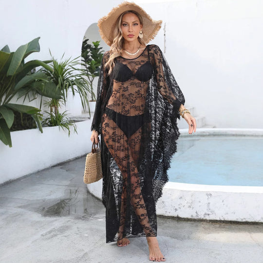 Damen transparenter Häkel-Kaftan R&B