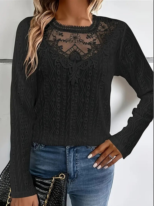Damen elegante Bluse mit Spitzeneinsätzen und detailliertem Lochmuster R&B