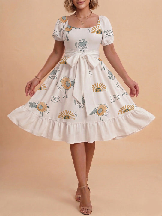 Damen Sommerliches Blumenkleid mit taillierbarem Gürtel und voluminösen Ärmeln R&B