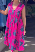 Damen nan lässiges V-Ausschnitt-Midikleid mit Brustpasse, senkrechten Falten und dekorativer Knopfleiste R&B