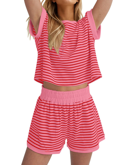 Damen Lässiges gestreiftes Set aus lockerer Oberteil und Shorts R&B