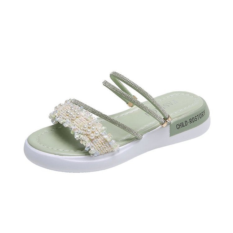 Damen modische Riemchen-Sandalen mit Perlenschmuck und gepolsterter Sohle