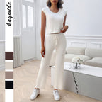 Damen Strick Zweiteiliges Set mit cropped Oberteil und weiter Hose R&B
