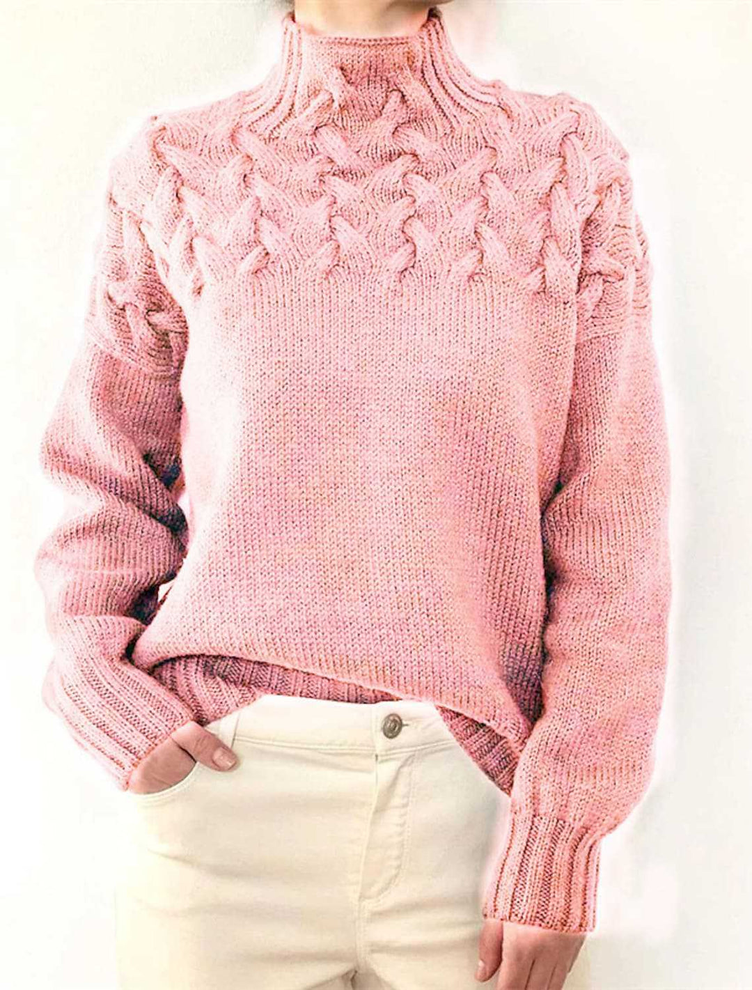 Damen Grobstrickpullover mit Stehkragen und Zopfmuster R&B