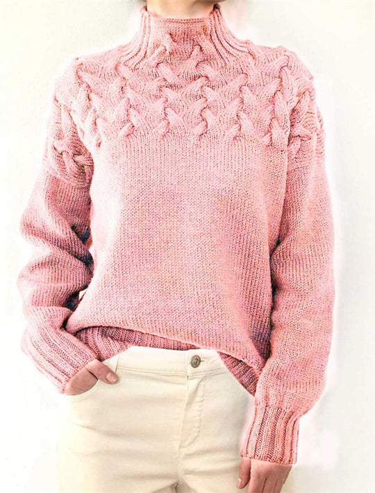 Damen Grobstrickpullover mit Stehkragen und Zopfmuster R&B