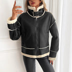 Damen stylische Kunstlederjacke mit Schaffellkragen R&B
