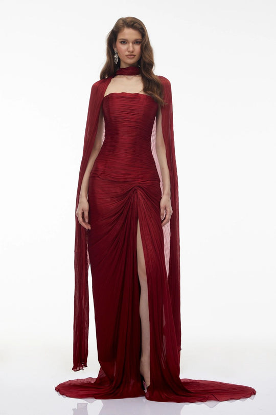 Damen Elegantes Maxikleid mit schulterfreier Silhouette und drapierter Cape-Optik R&B