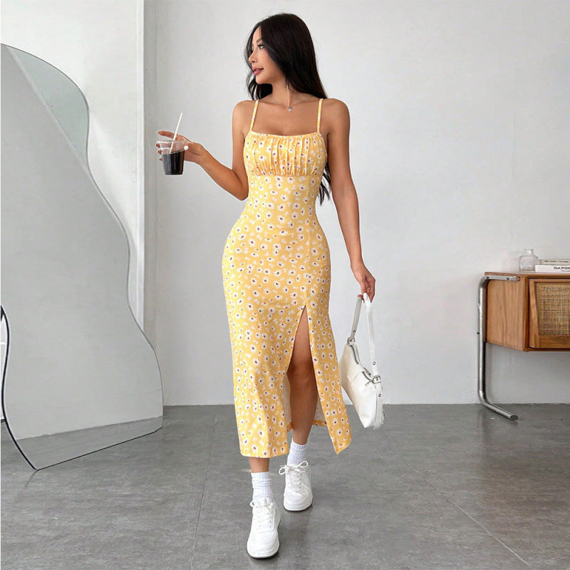 Damen Blumenkleid mit Spaghettiträgern und seitlichem Schlitz R&B