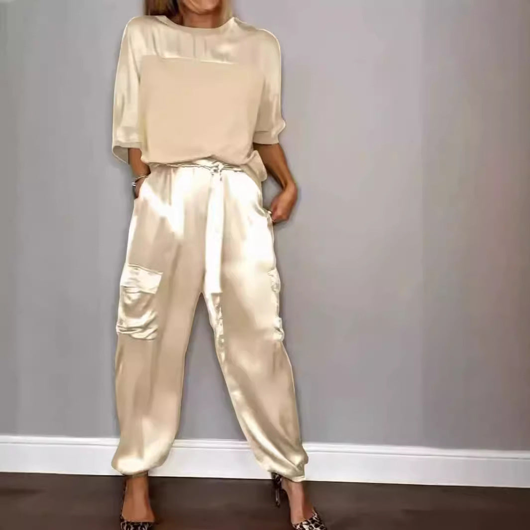 R&B | Solide Farbe glatt Satin Top zweiteilige Set für Frauen