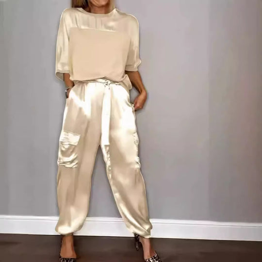 R&B | Solide Farbe glatt Satin Top zweiteilige Set für Frauen