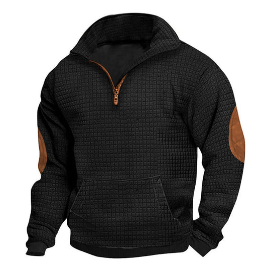 Herren nan strukturierter Halbzip-Pullover mit Kängurutasche und Ellbogenbesatz R&B