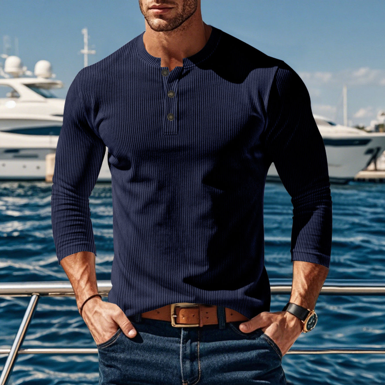 Herren Langarmshirt mit modischer Stehkragen und Knopfleiste R&B