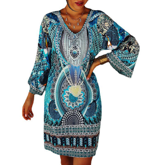 Damen Strandkleid mit modernem Mandala-Design und voluminösen Ärmeln Heidi-Mode