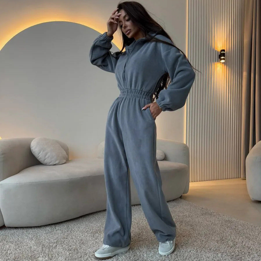 Damen eleganter Jumpsuit mit kurzem Reißverschluss und elastischem Bund R&B