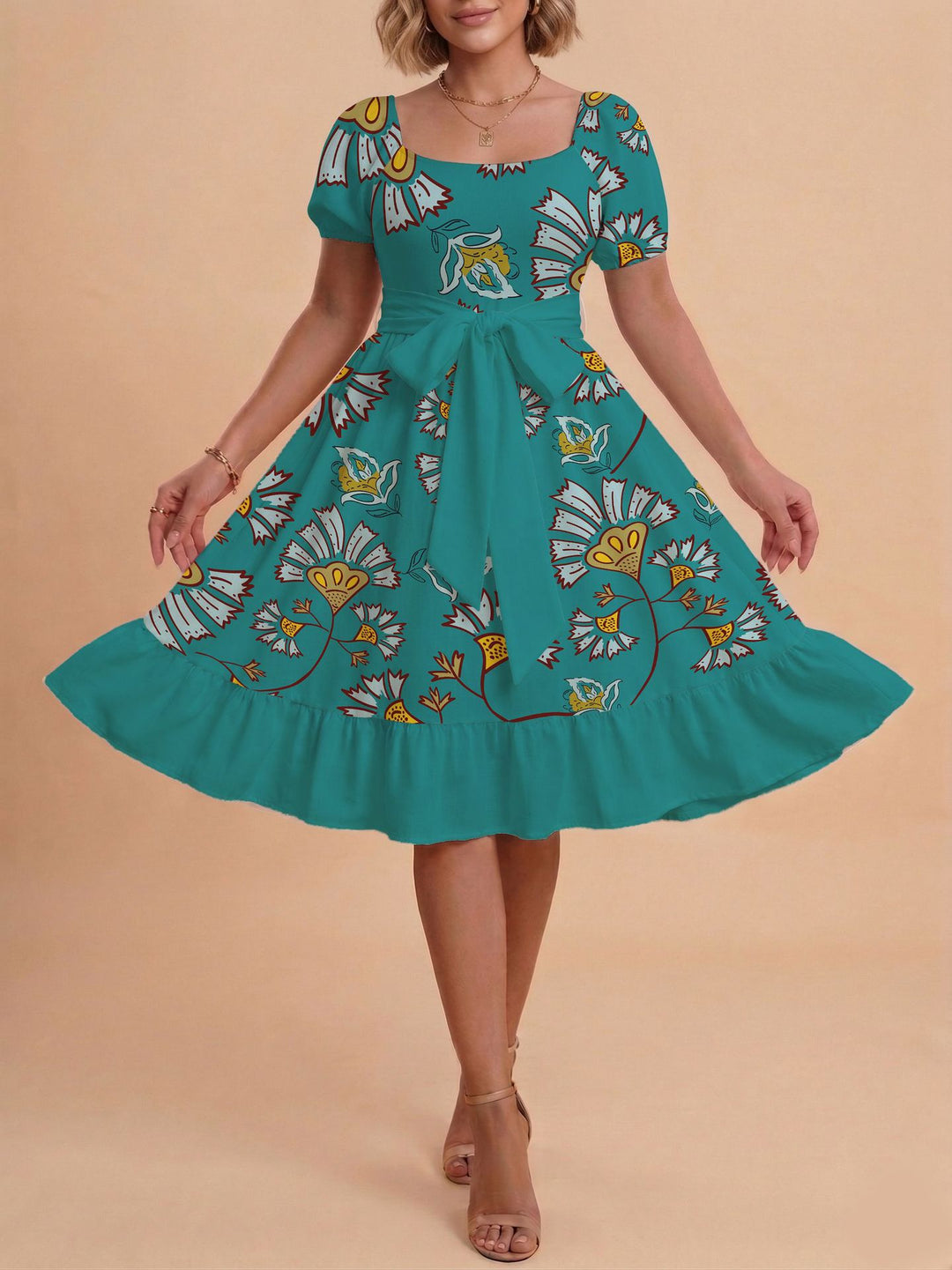 Damen Retro Maxikleid mit Puffärmeln und Taillengürtel R&B