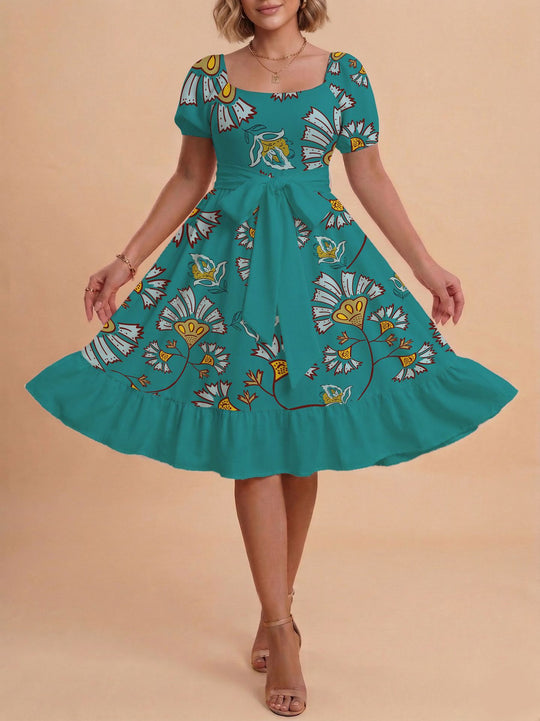 Damen Retro Maxikleid mit Puffärmeln und Taillengürtel R&B
