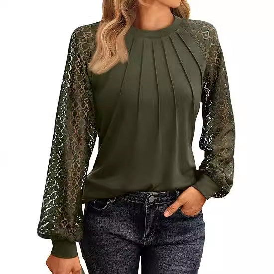 Damen Elegantes Oberteil mit dekorativen Spitzenärmeln und gerafftem Detail R&B