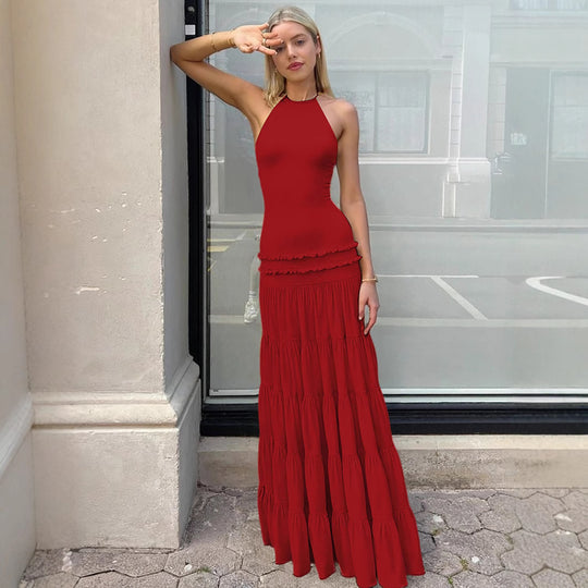 Damen Elegantes Spaghetti-Träger Maxikleid mit Rüschendetails R&B