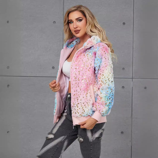 Damen Flauschige Kapuzenjacke mit glitzernden Akzenten R&B