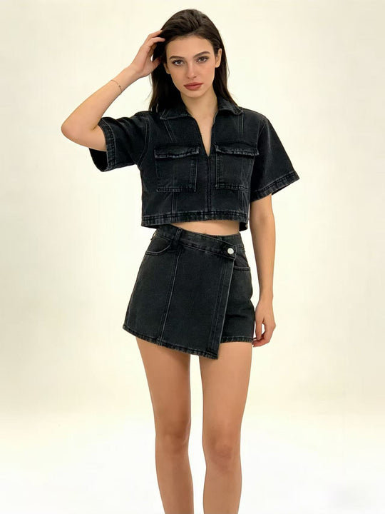 Damen modisches cropped Hemd mit aufgesetzten Taschen und lässigen Shorts R&B