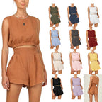 Damen lässiges Leinen-Oberteil mit hochgeschnürtem Saum und Shorts R&B