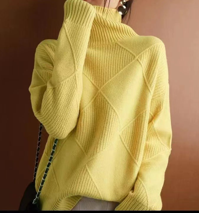 Damen hochwertiger Strickpullover mit stehendem Kragen und extravagantem Rautenmuster R&B