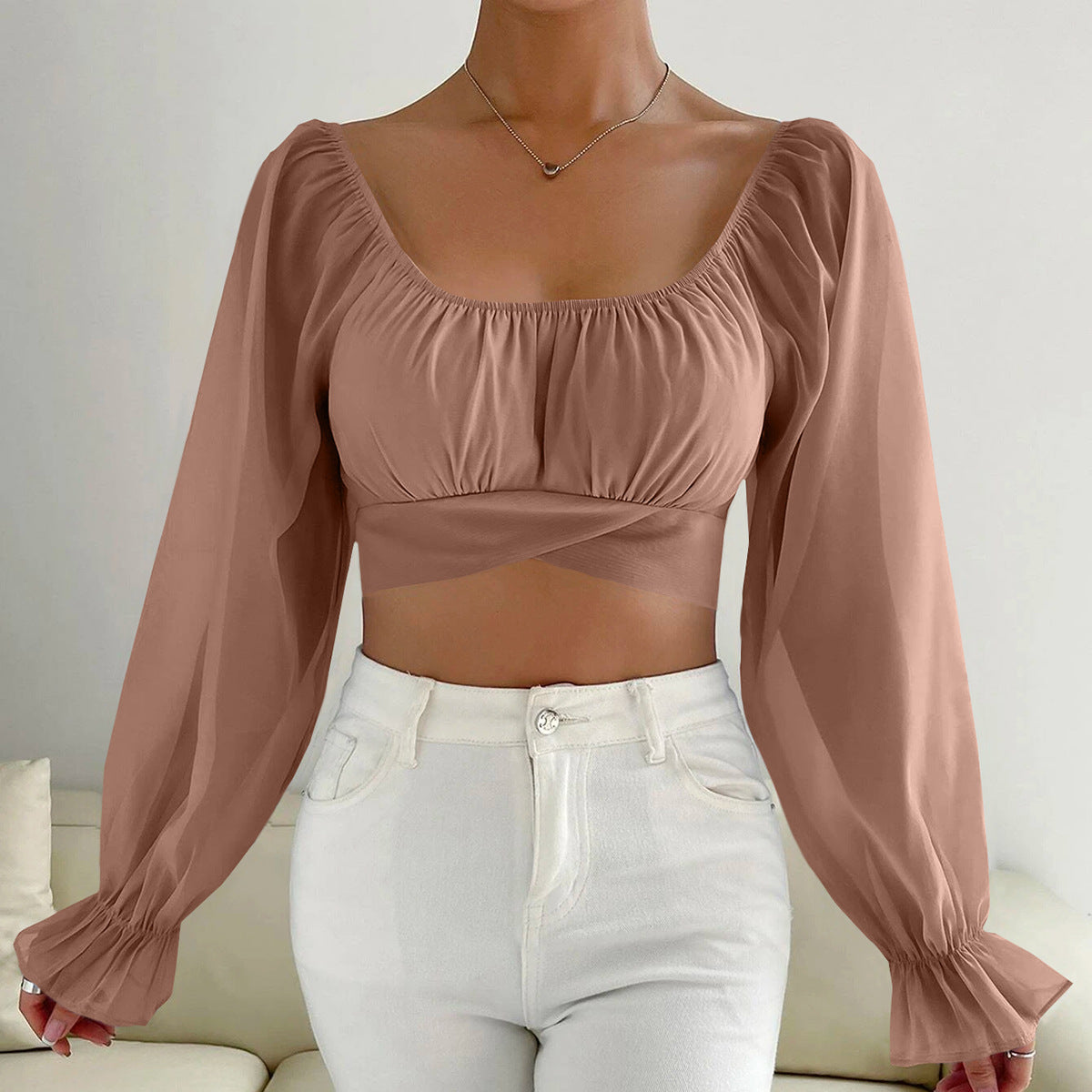Damen Cropped Bluse mit Puffärmeln und raffiniertem Schnitt R&B