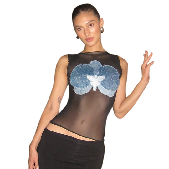 Damen Sexy Crop-Top mit transparentem Stoff und floralem Denim Design R&B