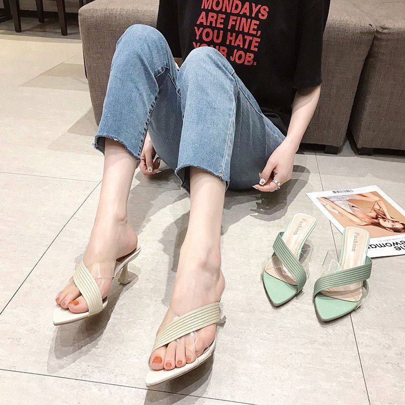 Damen elegante Flip-Flop-Sandalen mit transparenten Riemen und spitzem Zehenbereich R&B