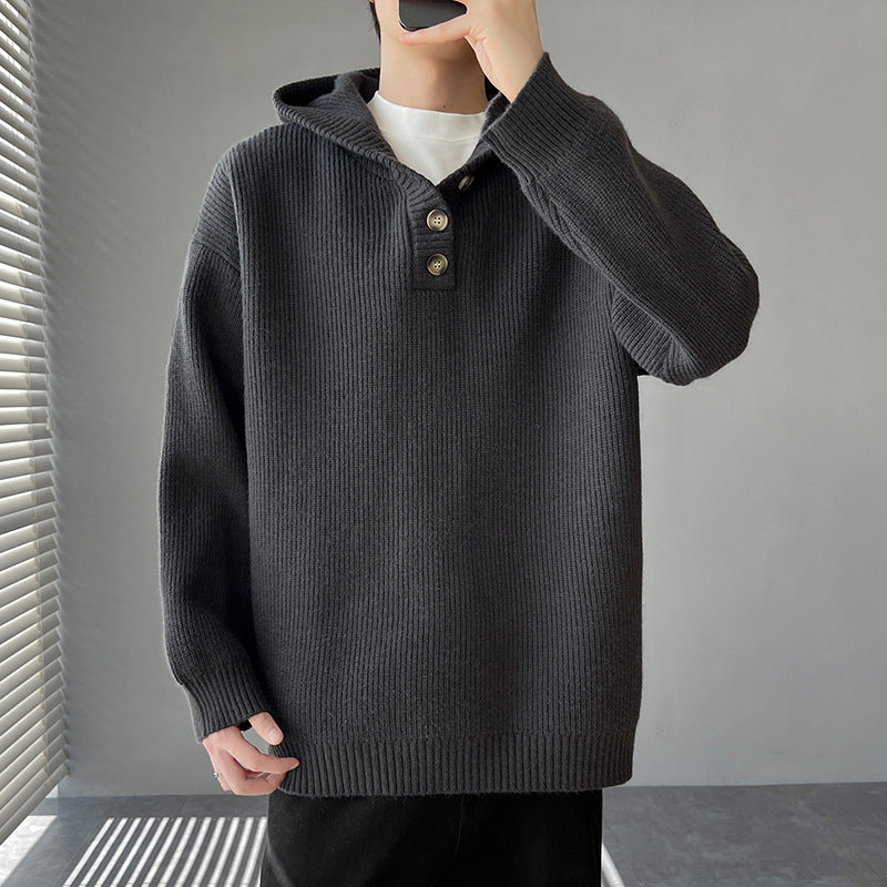 Herren Strickpullover mit Knopfleiste und Kapuze R&B