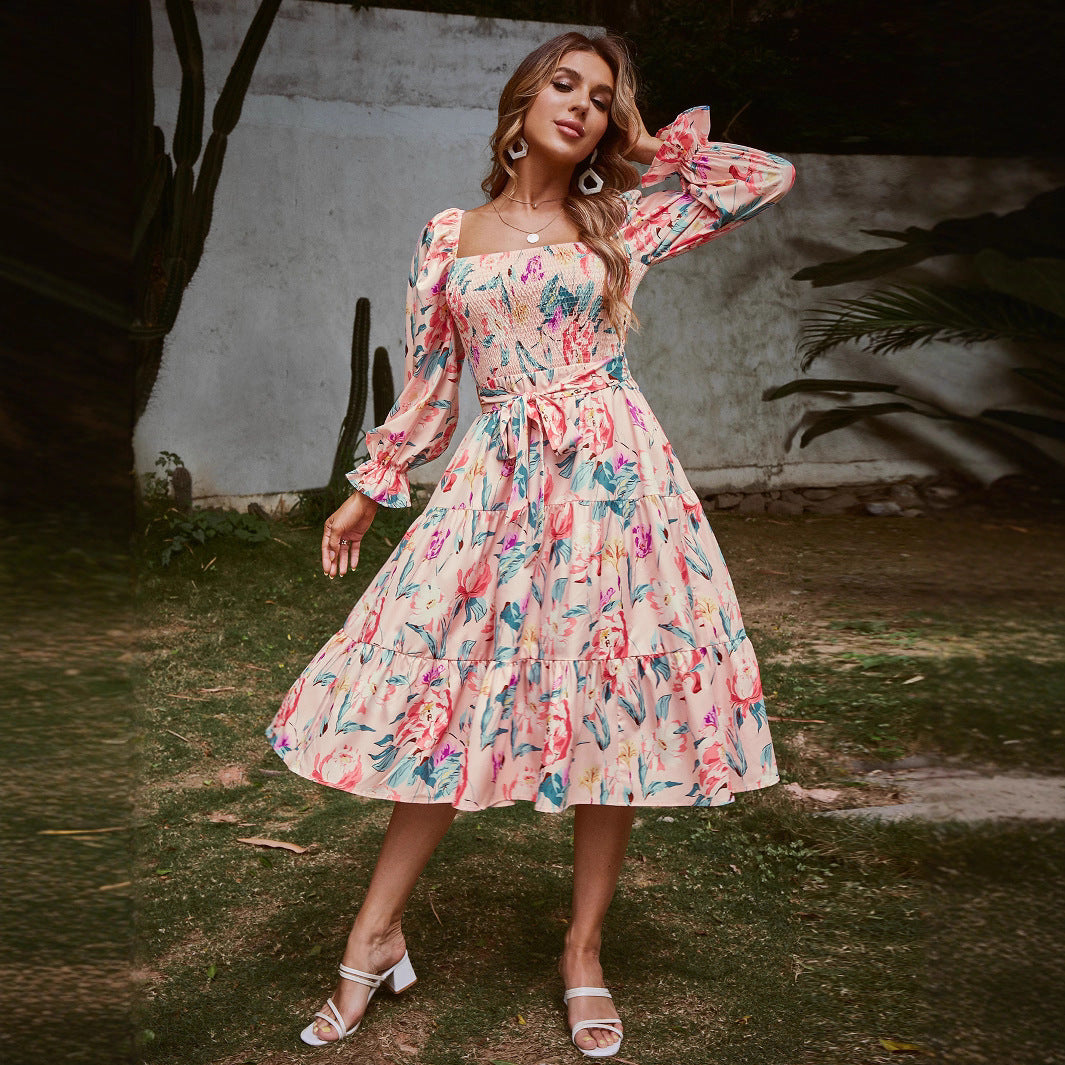 Damen Midikleid mit floraler Stickerei und Taillenband R&B