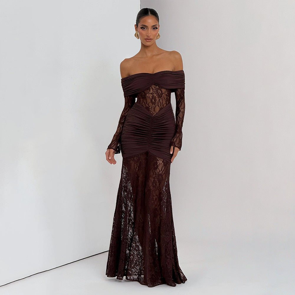 Damen elegantes Spitzenkleid mit Off-Shoulder-Ausschnitt und Raffungen R&B