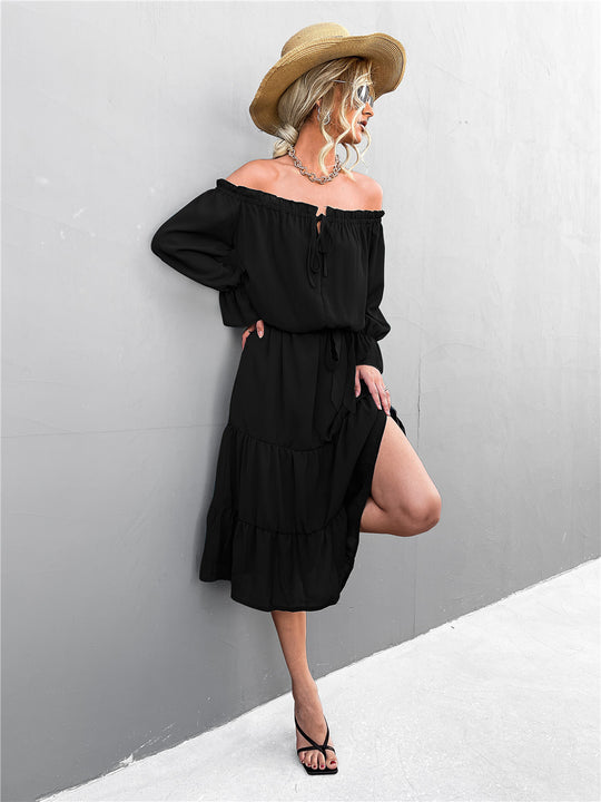 Damen lässiges Off-Shoulder Kleid mit Rüschensaum und Taillengürtel R&B