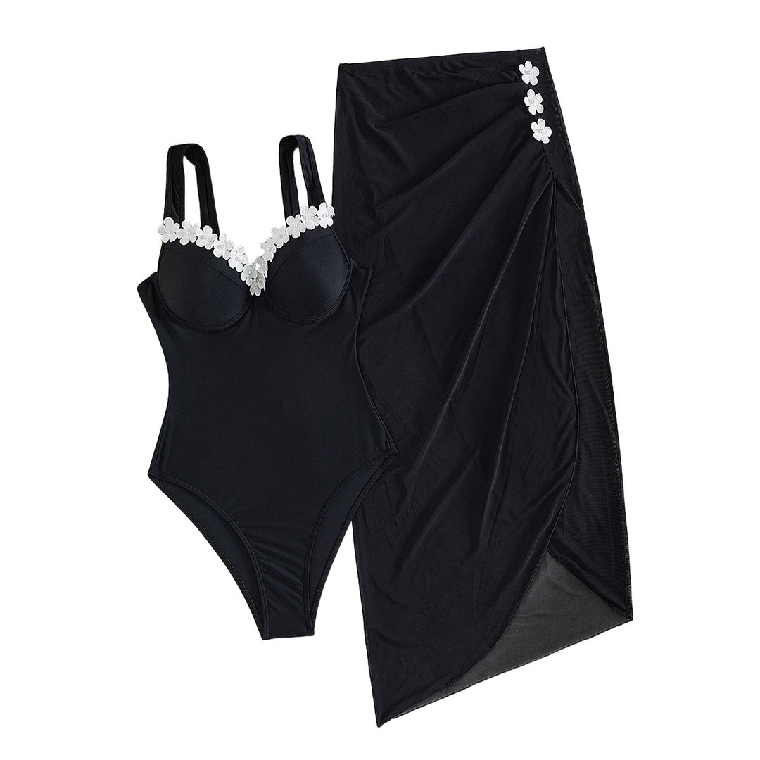Damen Eleganter Einteiler Badeanzug mit transparentem Rock R&B