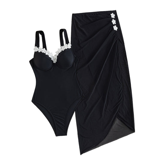 Damen Eleganter Einteiler Badeanzug mit transparentem Rock R&B