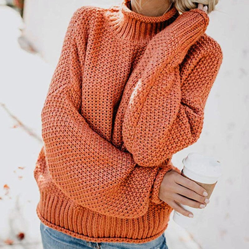 Damen Grobstrick Pullover mit Stehkragen und voluminösen Ärmeln R&B