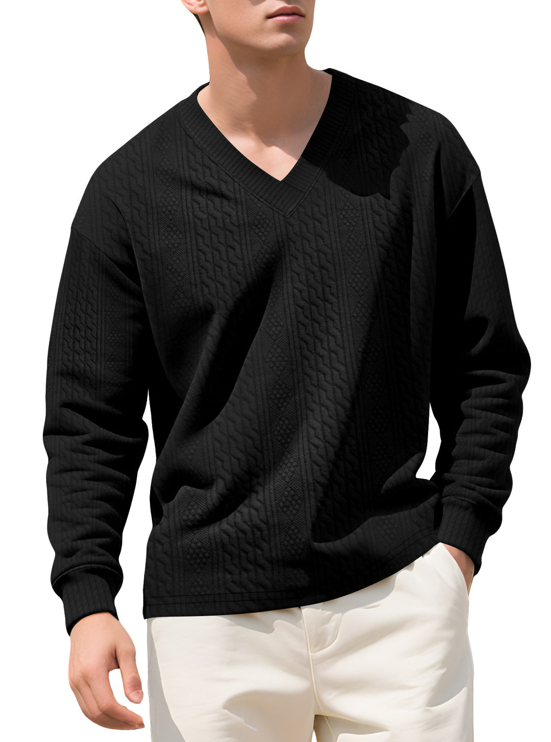 Herren nan strukturierter V-Ausschnitt Strickpullover mit Kabel- und Wabenmuster R&B