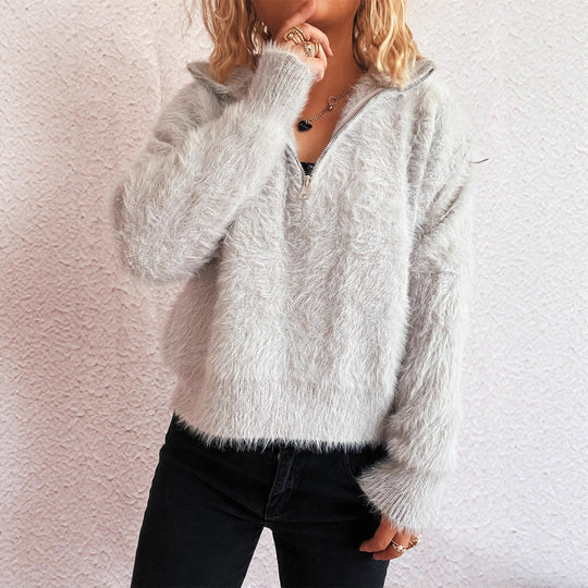 Damen kuscheliger Pullover mit hohem Kragen und Reißverschluss R&B