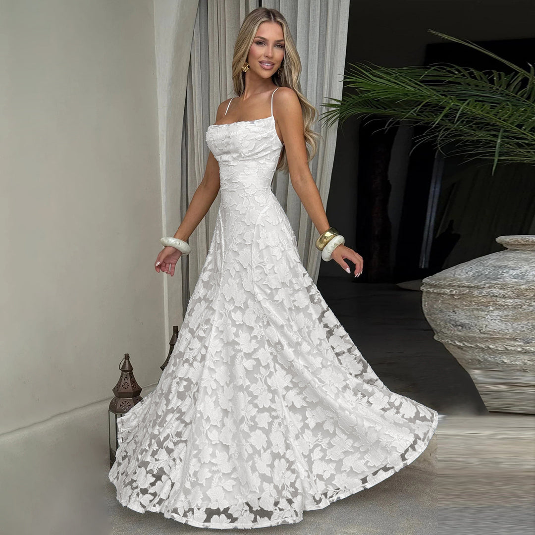 Damen elegantes Maxikleid mit zartem floralem Muster und Spaghetti-Trägern R&B