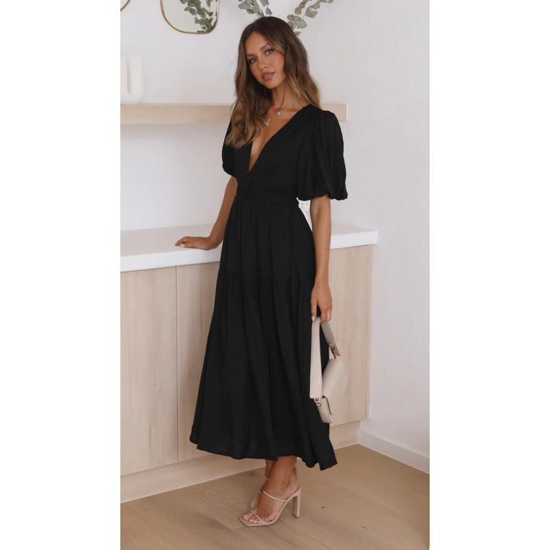 Damen Midi-Kleid mit Puffärmeln und tiefem V-Ausschnitt R&B