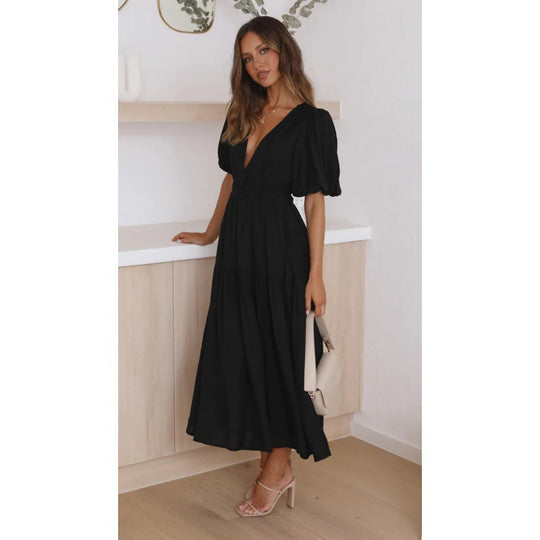 Damen Midi-Kleid mit Puffärmeln und tiefem V-Ausschnitt R&B