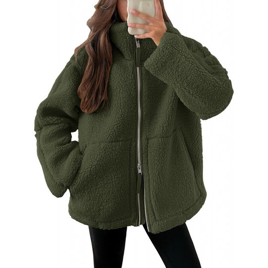 Damen Kuschelige Teddyfelljacke mit hohen Kragen und Reißverschluss R&B