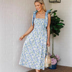 Damen Sommerkleid mit Raffung und schulterlangen BindR&Bändern R&B