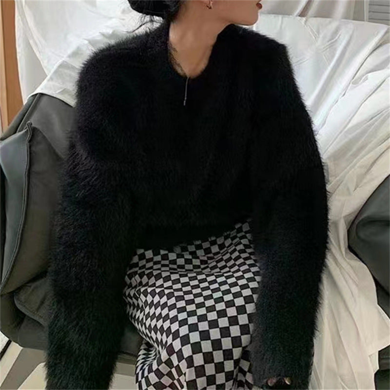 Damen Flauschiger Pullover mit lässigem Schnitt und hohem Rundhalsausschnitt R&B