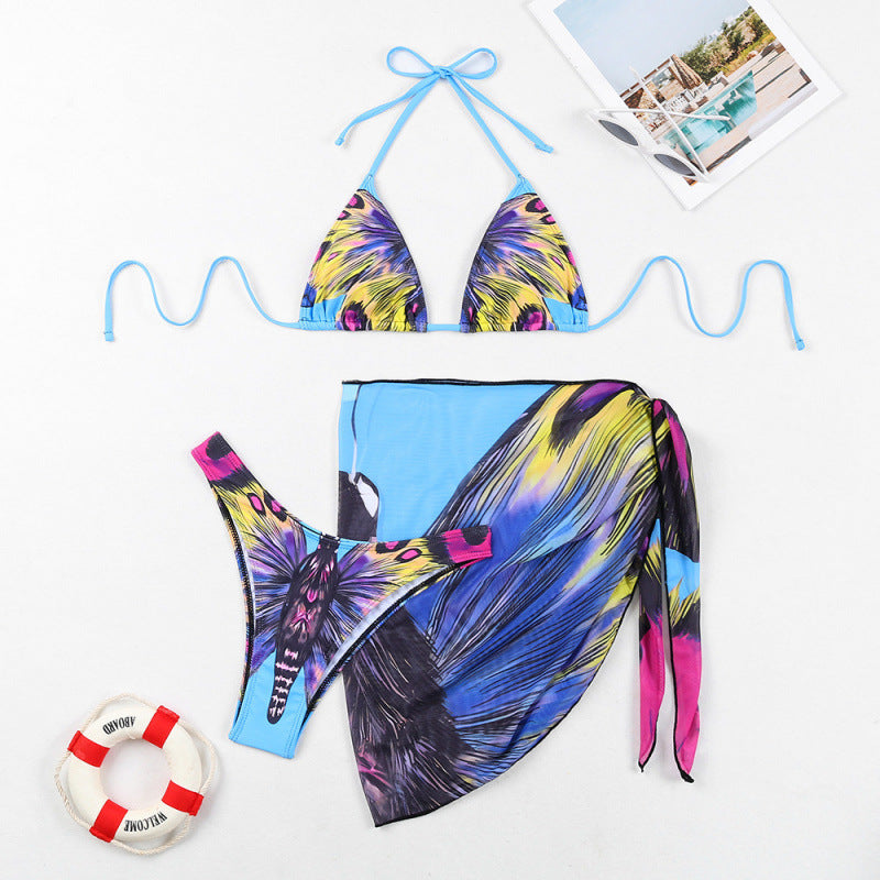 Damen Triangel-Bikini mit verspieltem Wickeldetail und buntem Tropenmotiv R&B